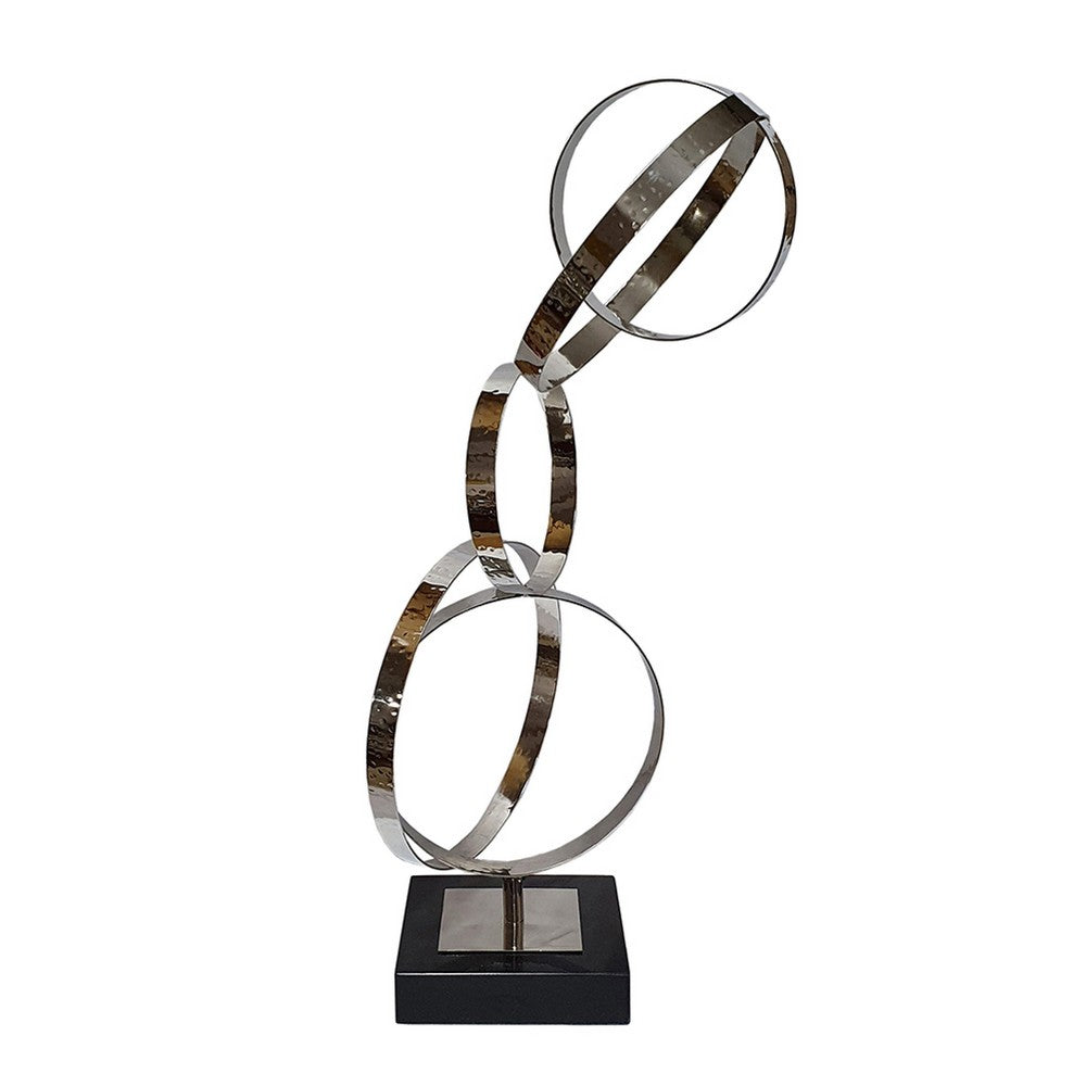 Haren Large Sculpture | Silver Steel Intertwined Rings | Black Marble 23"