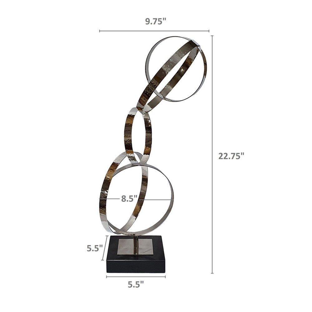 Haren Large Sculpture | Silver Steel Intertwined Rings | Black Marble 23"
