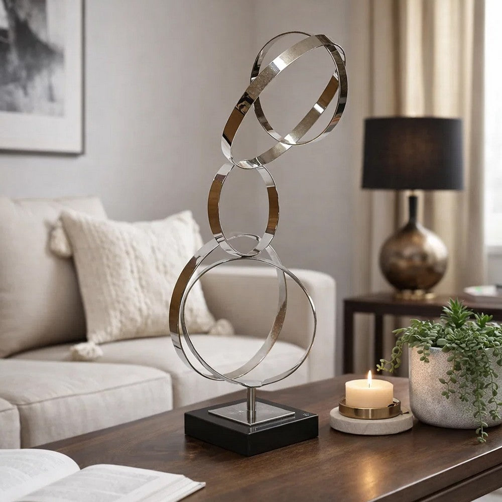 Haren Large Sculpture | Silver Steel Intertwined Rings | Black Marble 23"