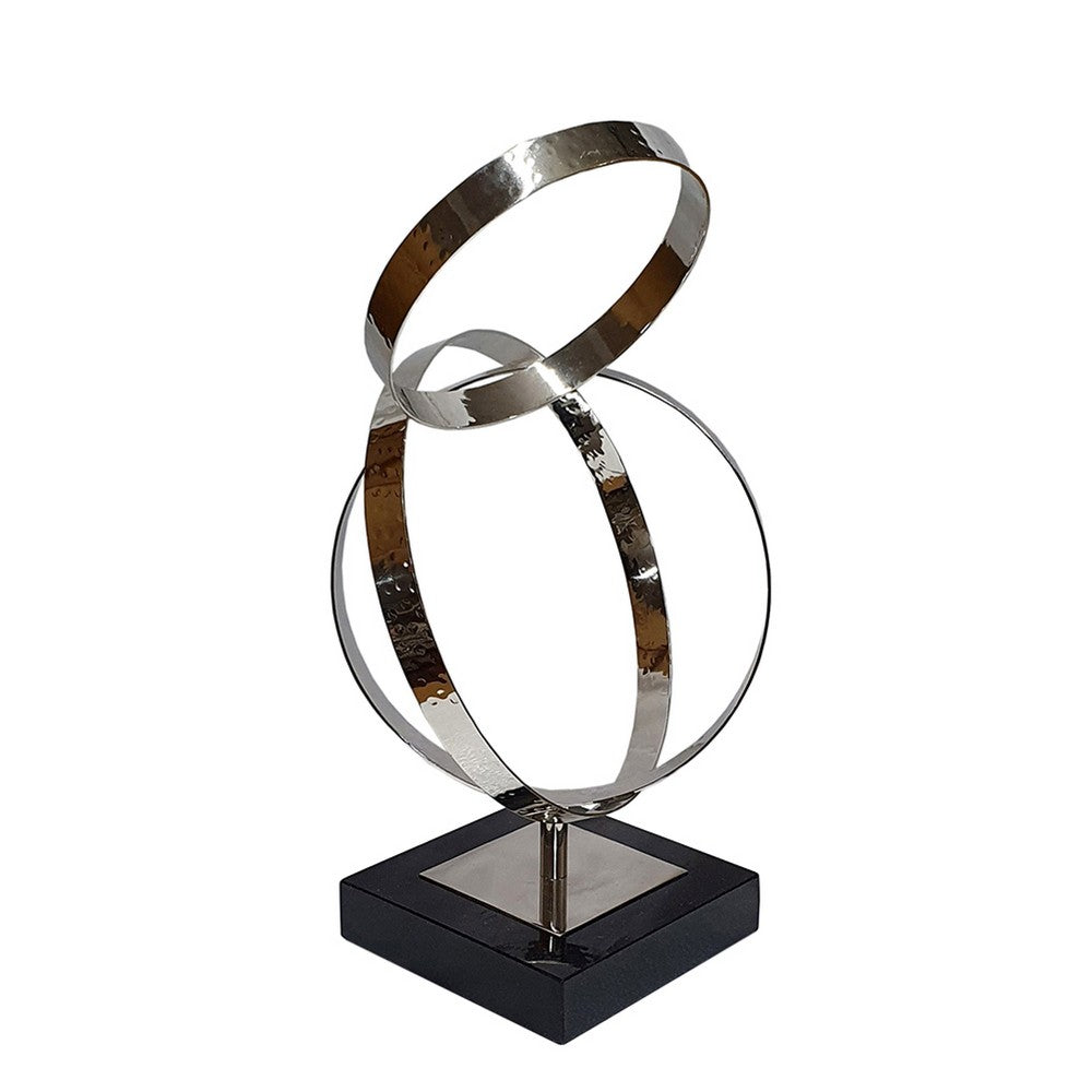 Haren Small Sculpture | Silver Steel Intertwined Rings | Black Marble 15"