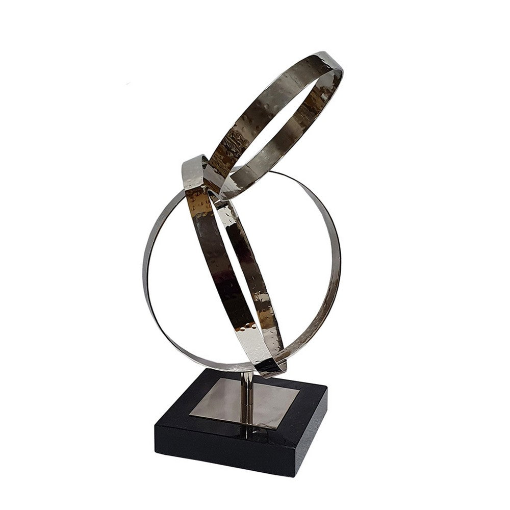 Haren Small Sculpture | Silver Steel Intertwined Rings | Black Marble 15"