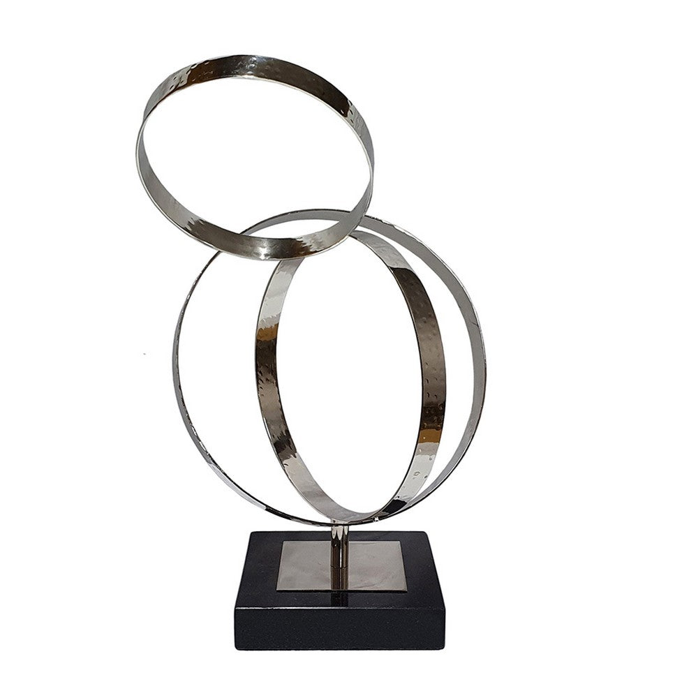 Haren Small Sculpture | Silver Steel Intertwined Rings | Black Marble 15"