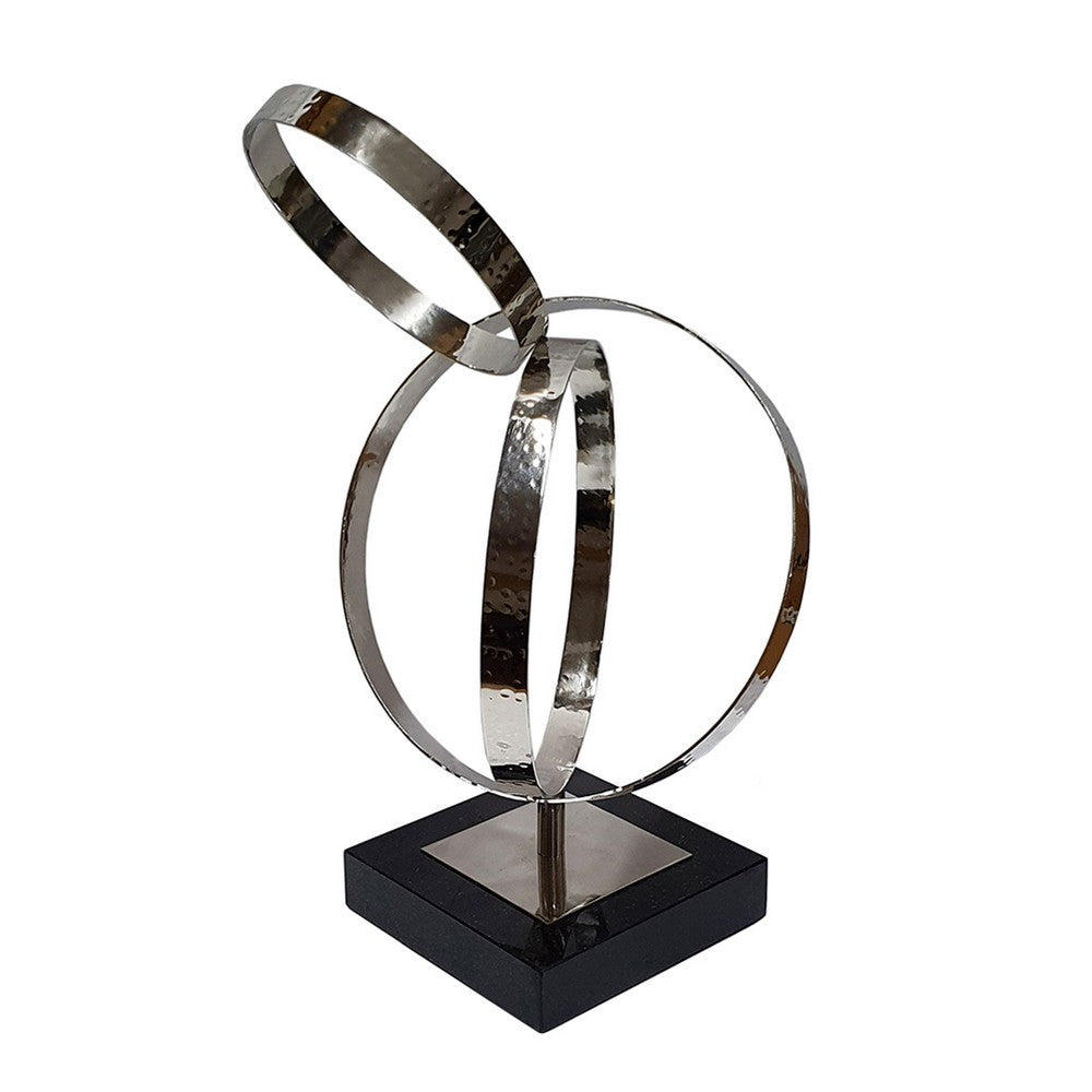 Haren Small Sculpture | Silver Steel Intertwined Rings | Black Marble 15"