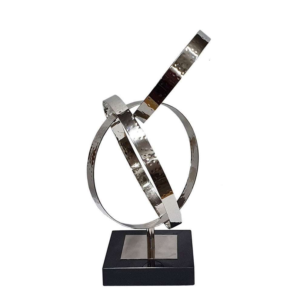 Haren Small Sculpture | Silver Steel Intertwined Rings | Black Marble 15"