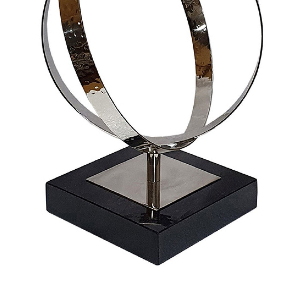 Haren Small Sculpture | Silver Steel Intertwined Rings | Black Marble 15"