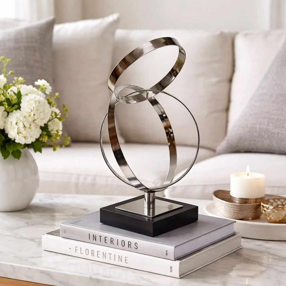 Haren Small Sculpture | Silver Steel Intertwined Rings | Black Marble 15"