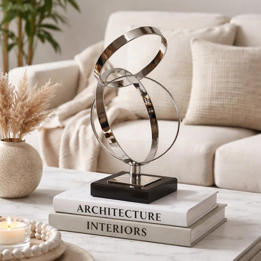 Haren Small Sculpture | Silver Steel Intertwined Rings | Black Marble 15"