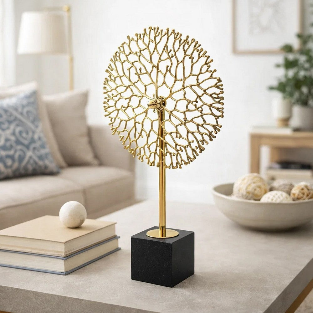 Tabletop Decor | Abstract Coral Statuary | Black Marble | Gold Metal 16"