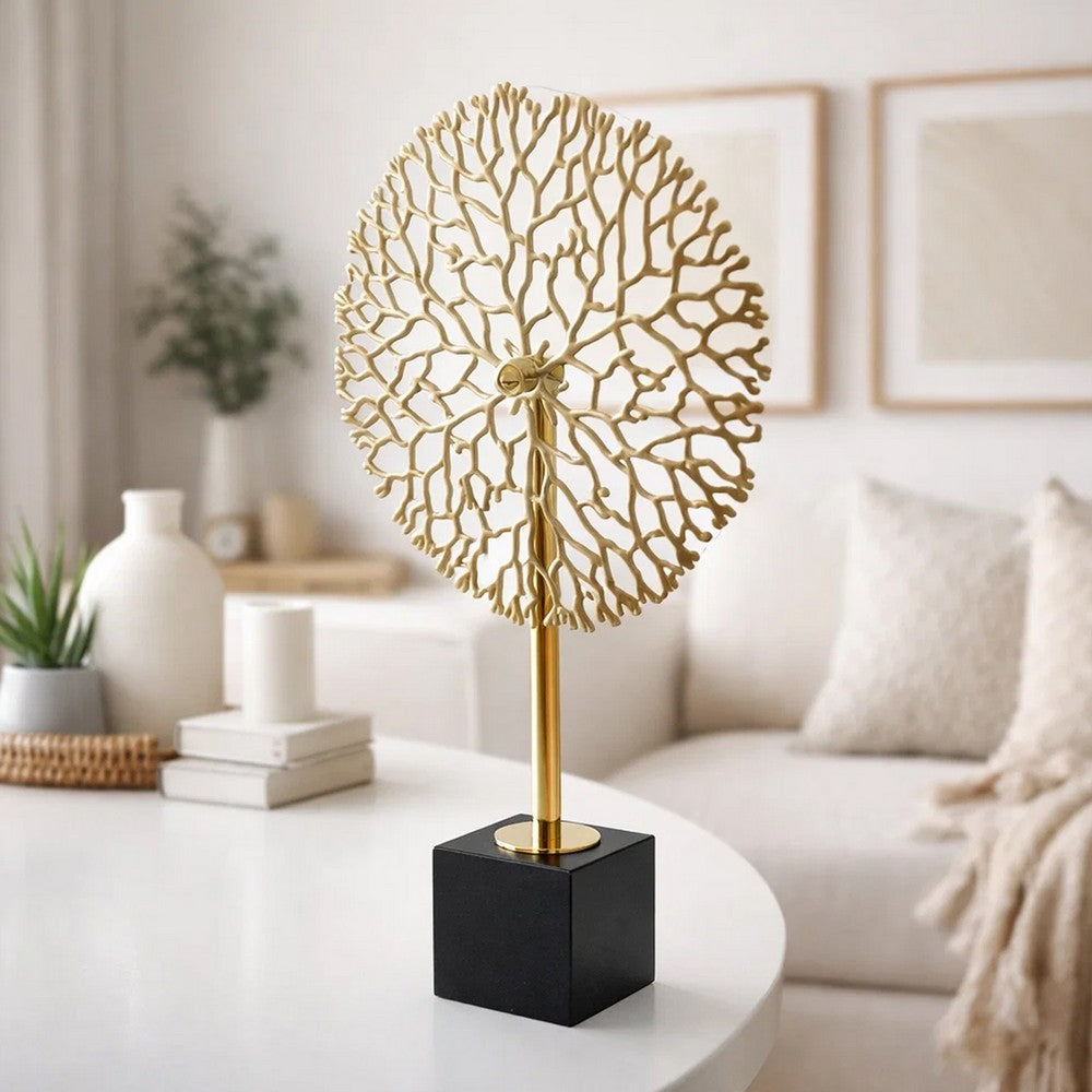 Tabletop Decor | Abstract Coral Statuary | Black Marble | Gold Metal 16"