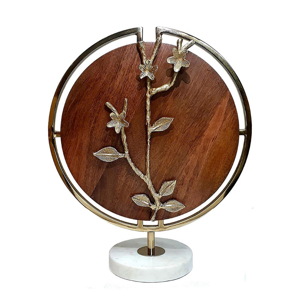 Orion Blossom Sculpture w Marble Base | Brown Wood | Gold Metal 17"