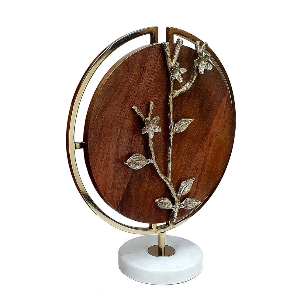 Orion Blossom Sculpture w Marble Base | Brown Wood | Gold Metal 17"