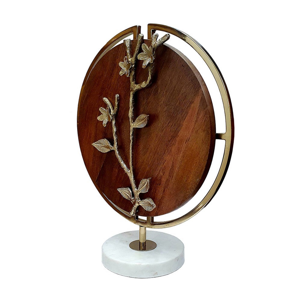 Orion Blossom Sculpture w Marble Base | Brown Wood | Gold Metal 17"