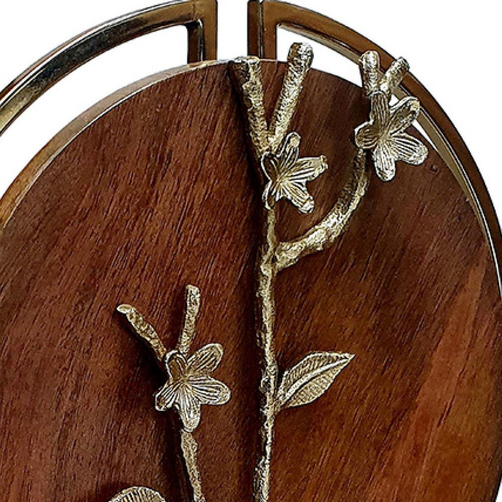 Orion Blossom Sculpture w Marble Base | Brown Wood | Gold Metal 17"