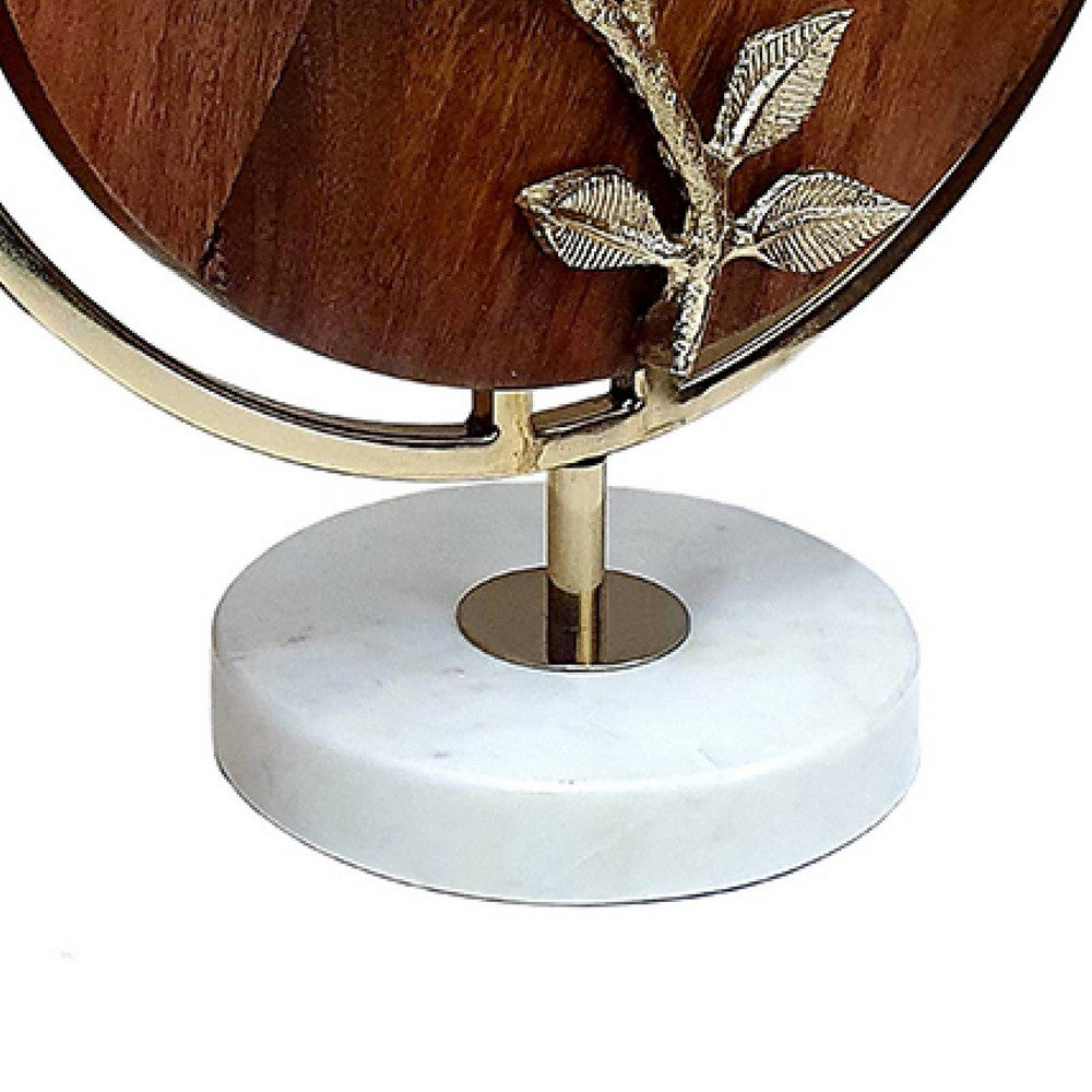 Orion Blossom Sculpture w Marble Base | Brown Wood | Gold Metal 17"