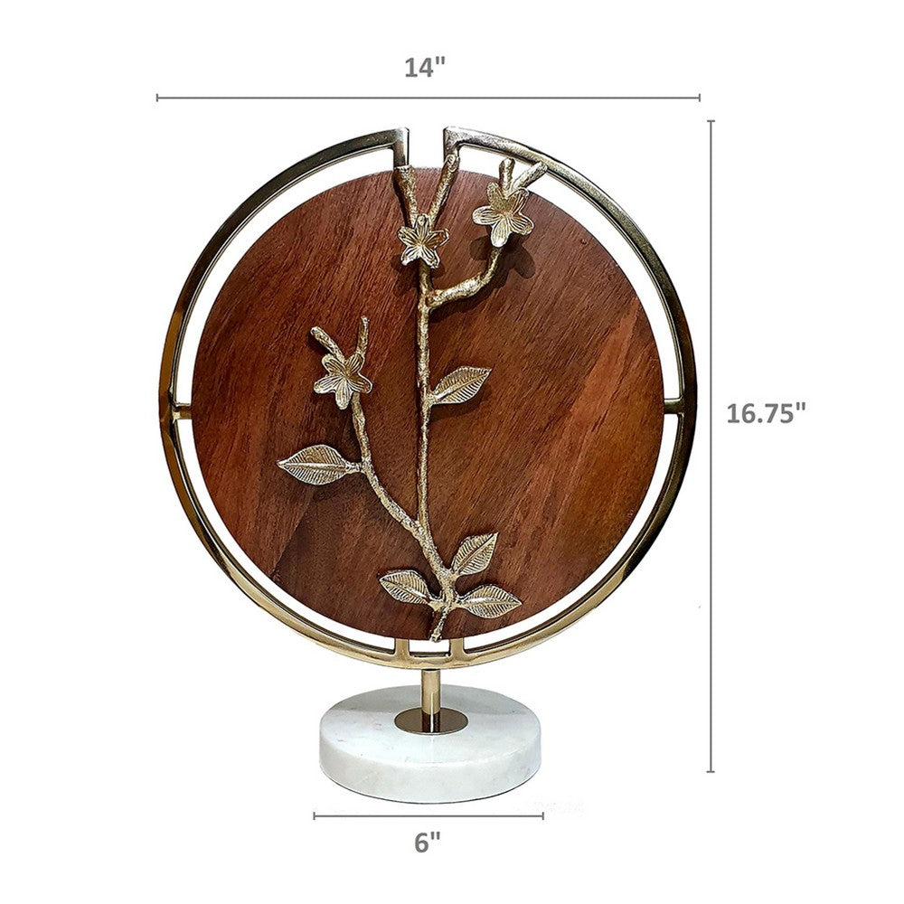 Orion Blossom Sculpture w Marble Base | Brown Wood | Gold Metal 17"