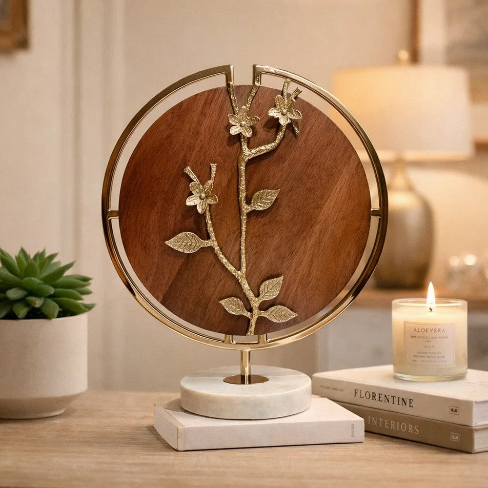 Orion Blossom Sculpture w Marble Base | Brown Wood | Gold Metal 17"