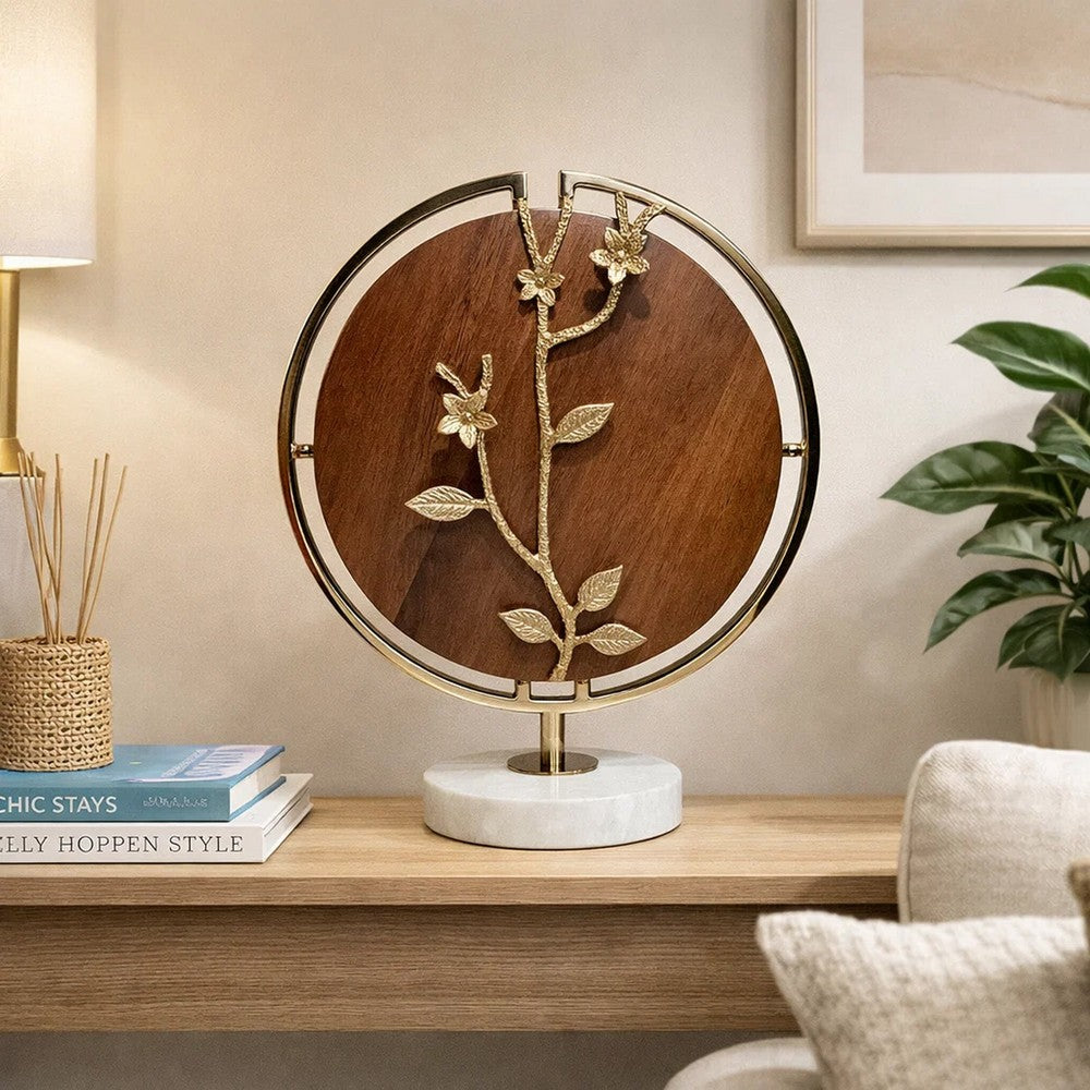 Orion Blossom Sculpture w Marble Base | Brown Wood | Gold Metal 17"