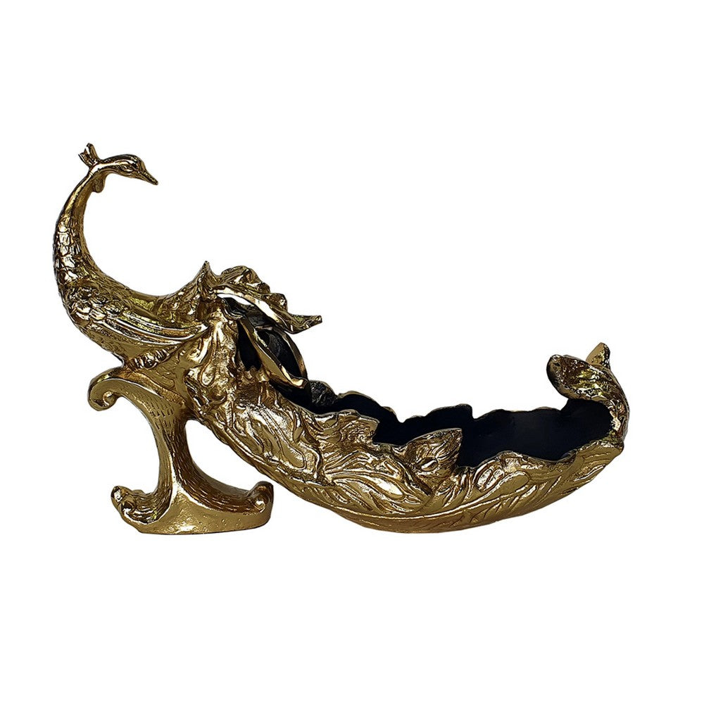 Tabletop Decor | Peacock Sculpture w Bowl Section | Gold and Black 23"