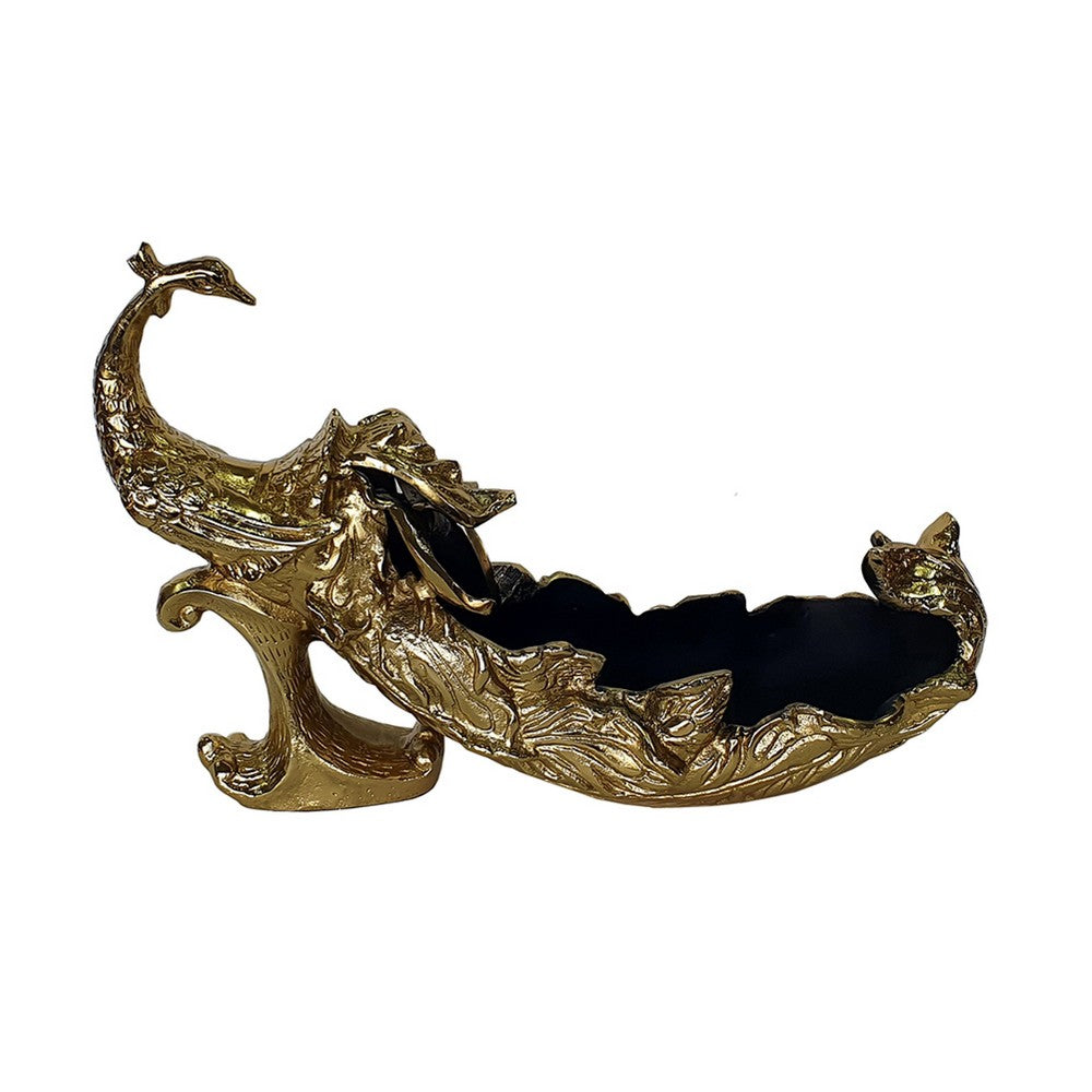 Tabletop Decor | Peacock Sculpture w Bowl Section | Gold and Black 23"