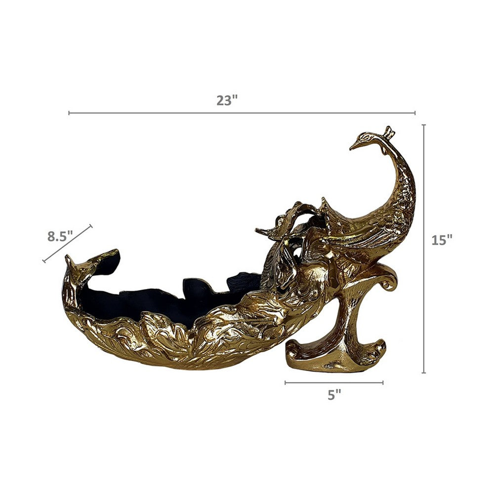 Tabletop Decor | Peacock Sculpture w Bowl Section | Gold and Black 23"