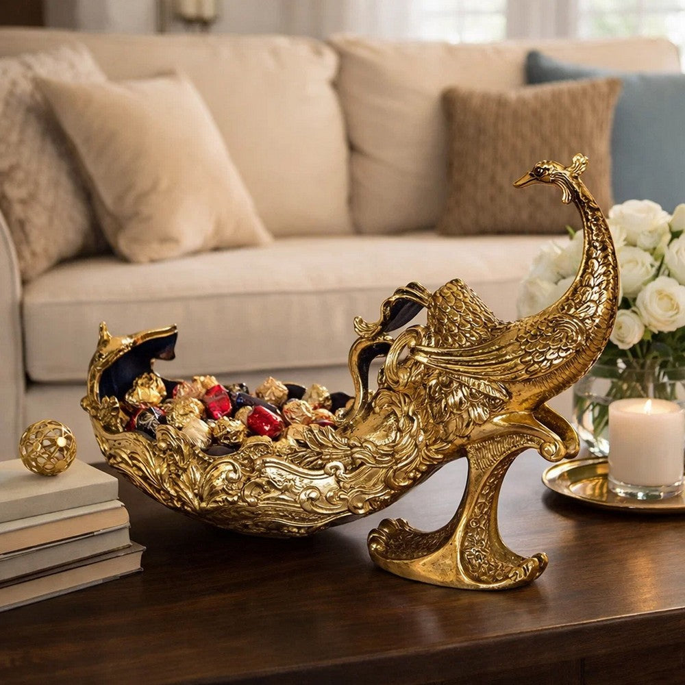 Tabletop Decor | Peacock Sculpture w Bowl Section | Gold and Black 23"