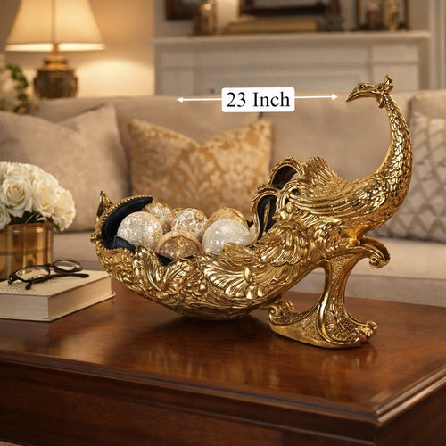 Tabletop Decor | Peacock Sculpture w Bowl Section | Gold and Black 23"