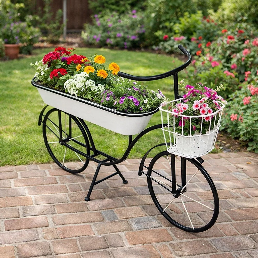 Indoor Outdoor Bicycle Plant Stand w Basket | White | 39" Black Iron