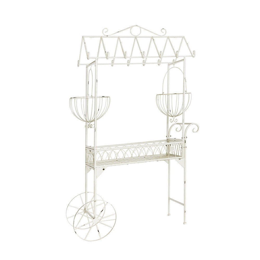 Flower Pushcart Plant Stand | 2 Baskets and Central Tray | White Iron 55"