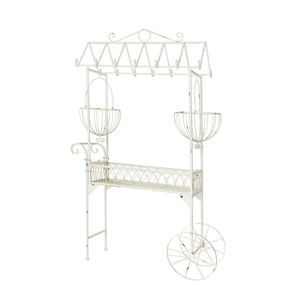 Flower Pushcart Plant Stand | 2 Baskets and Central Tray | White Iron 55"