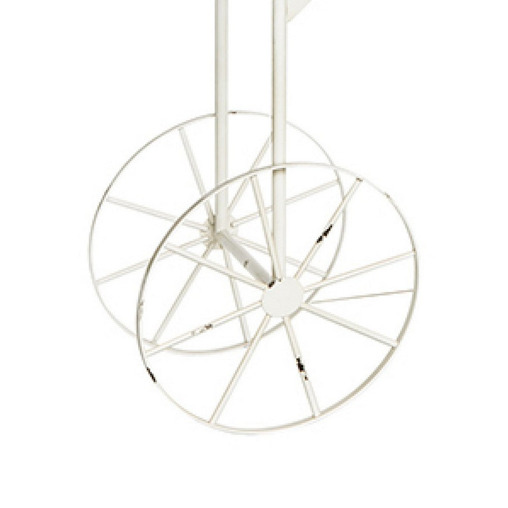 Flower Pushcart Plant Stand | 2 Baskets and Central Tray | White Iron 55"