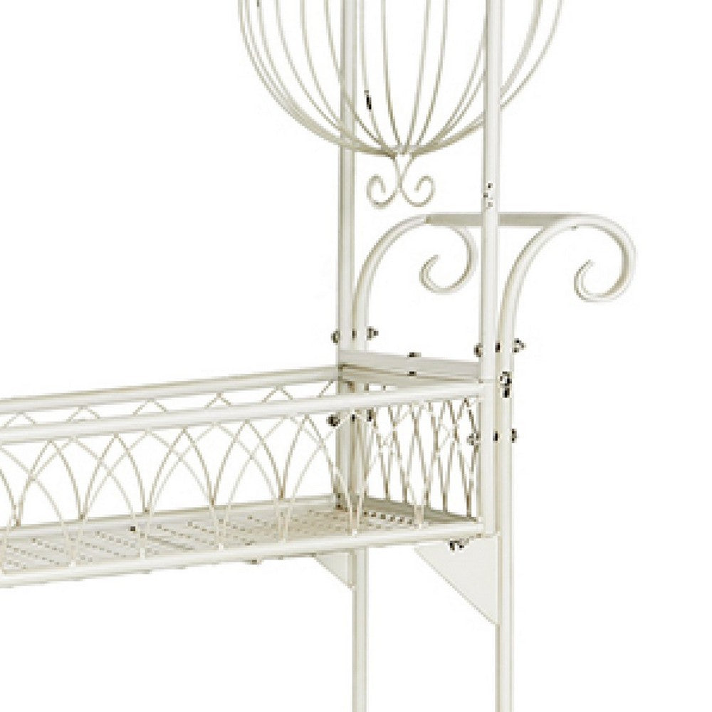 Flower Pushcart Plant Stand | 2 Baskets and Central Tray | White Iron 55"