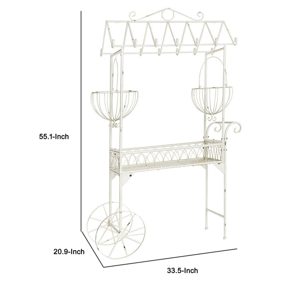 Flower Pushcart Plant Stand | 2 Baskets and Central Tray | White Iron 55"