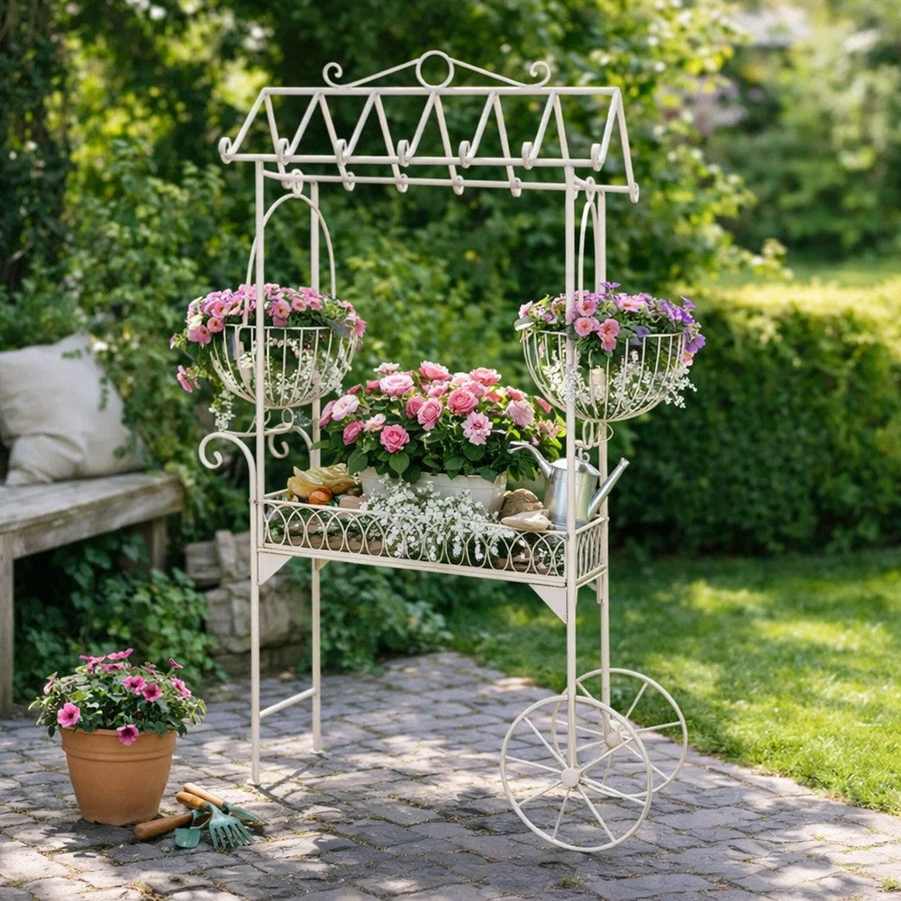 Flower Pushcart Plant Stand | 2 Baskets and Central Tray | White Iron 55"