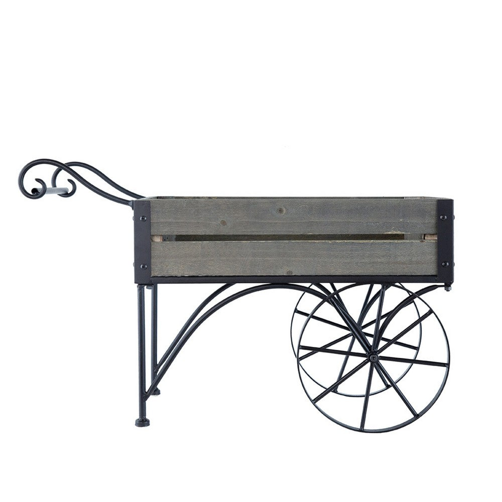Trolley Cart Plant Stand | Vintage Style | Gray Wood | Black Metal | 24"