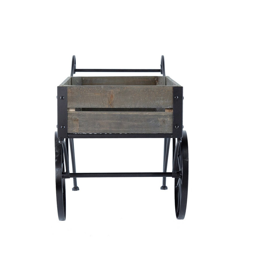 Trolley Cart Plant Stand | Vintage Style | Gray Wood | Black Metal | 24"