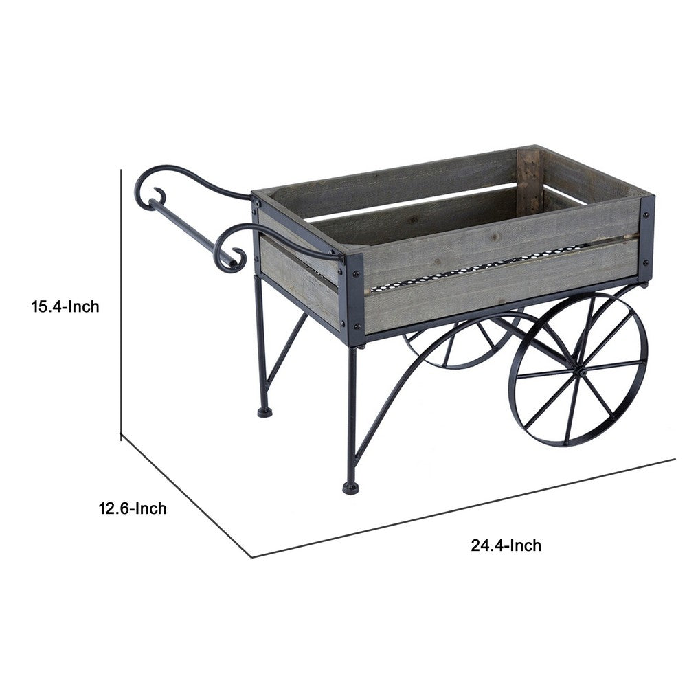 Trolley Cart Plant Stand | Vintage Style | Gray Wood | Black Metal | 24"