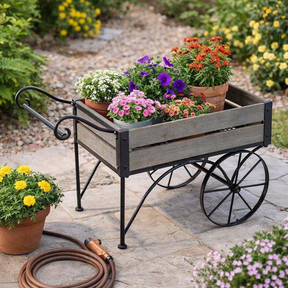 Trolley Cart Plant Stand | Vintage Style | Gray Wood | Black Metal | 24"