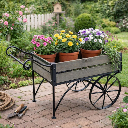 Trolley Cart Plant Stand | Vintage Style | Gray Wood | Black Metal | 24"