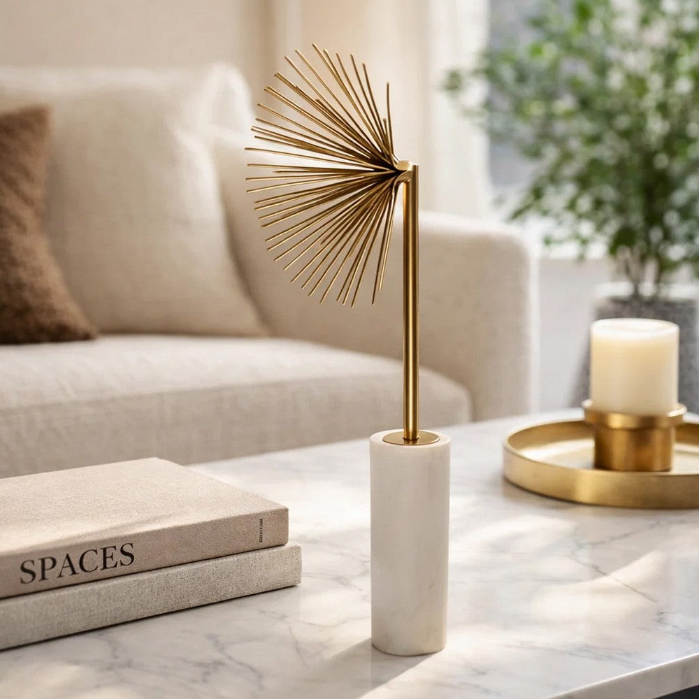 Nian Sunburst Statuary w White Marble Base | Gold Metal Spokes | 23"