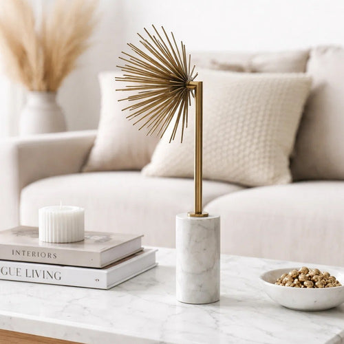 Nian Sunburst Statuary w White Marble Base | Gold Metal Spokes | 18"