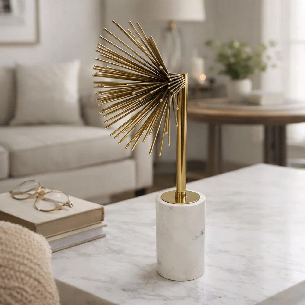 Nian Sunburst Statuary w White Marble Base | Gold Metal Spokes | 14"