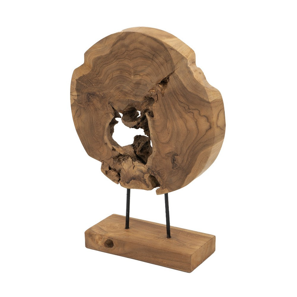 Upin Organic Art Sculpture on Base | Brown Wood Black Metal | 18"