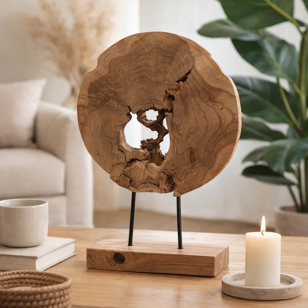 Upin Organic Art Sculpture on Base | Brown Wood Black Metal | 18"
