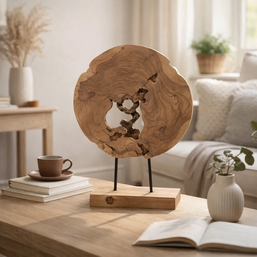 Upin Organic Art Sculpture on Base | Brown Wood Black Metal | 18"