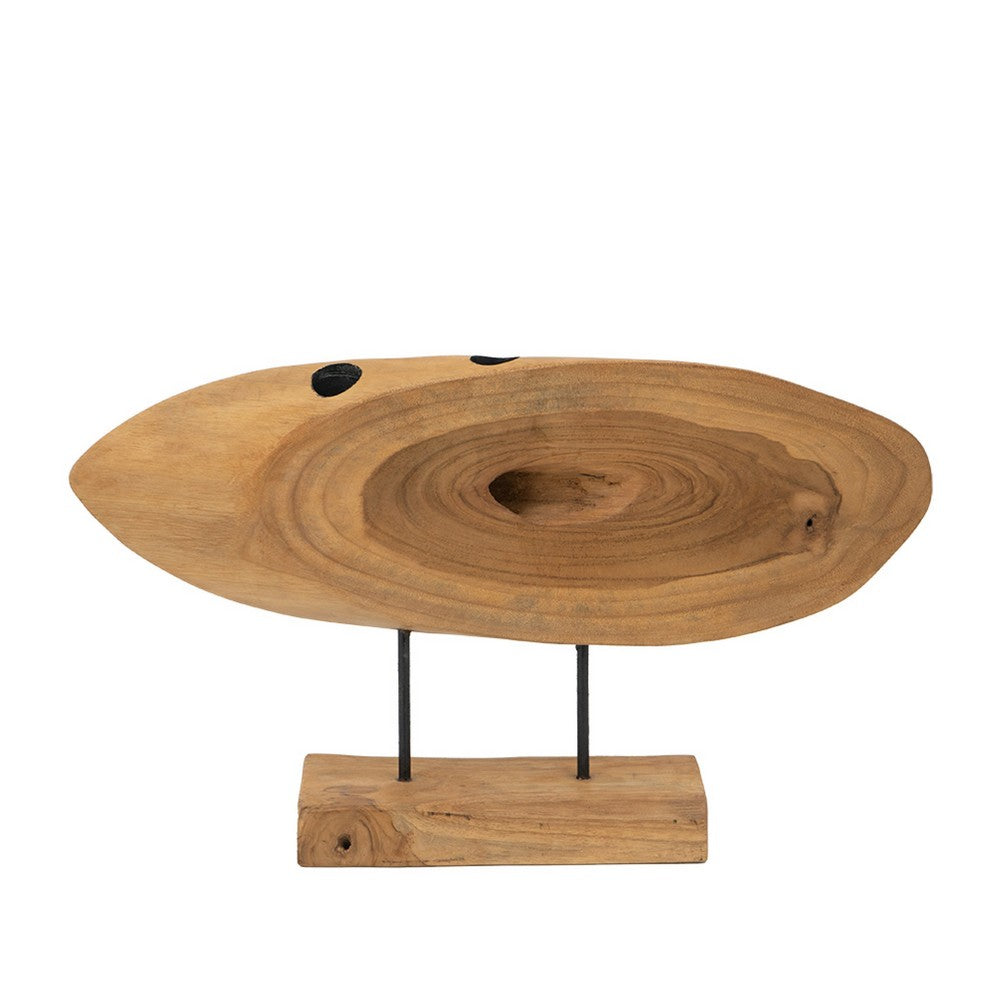 Upin Abstract Oval Sculpture on Base | Brown Wood Black Metal | 16"