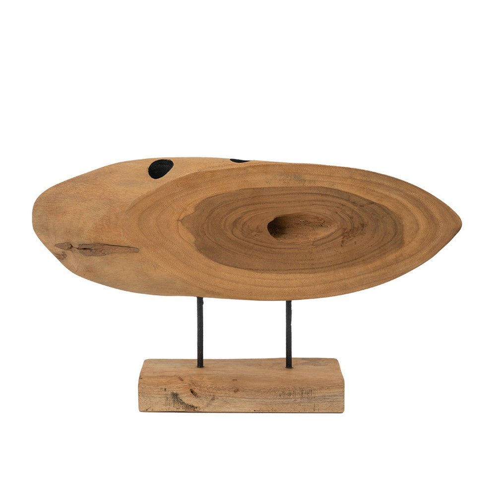 Upin Abstract Oval Sculpture on Base | Brown Wood Black Metal | 16"