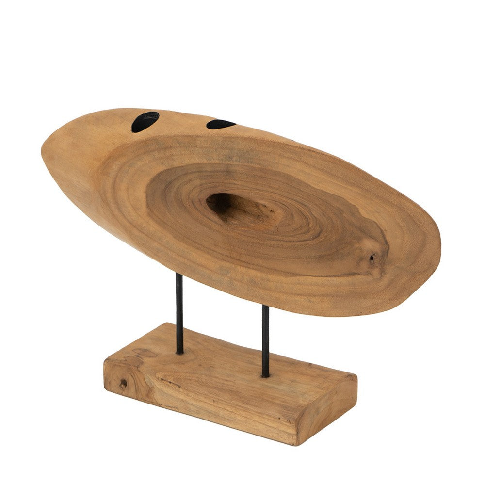 Upin Abstract Oval Sculpture on Base | Brown Wood Black Metal | 16"