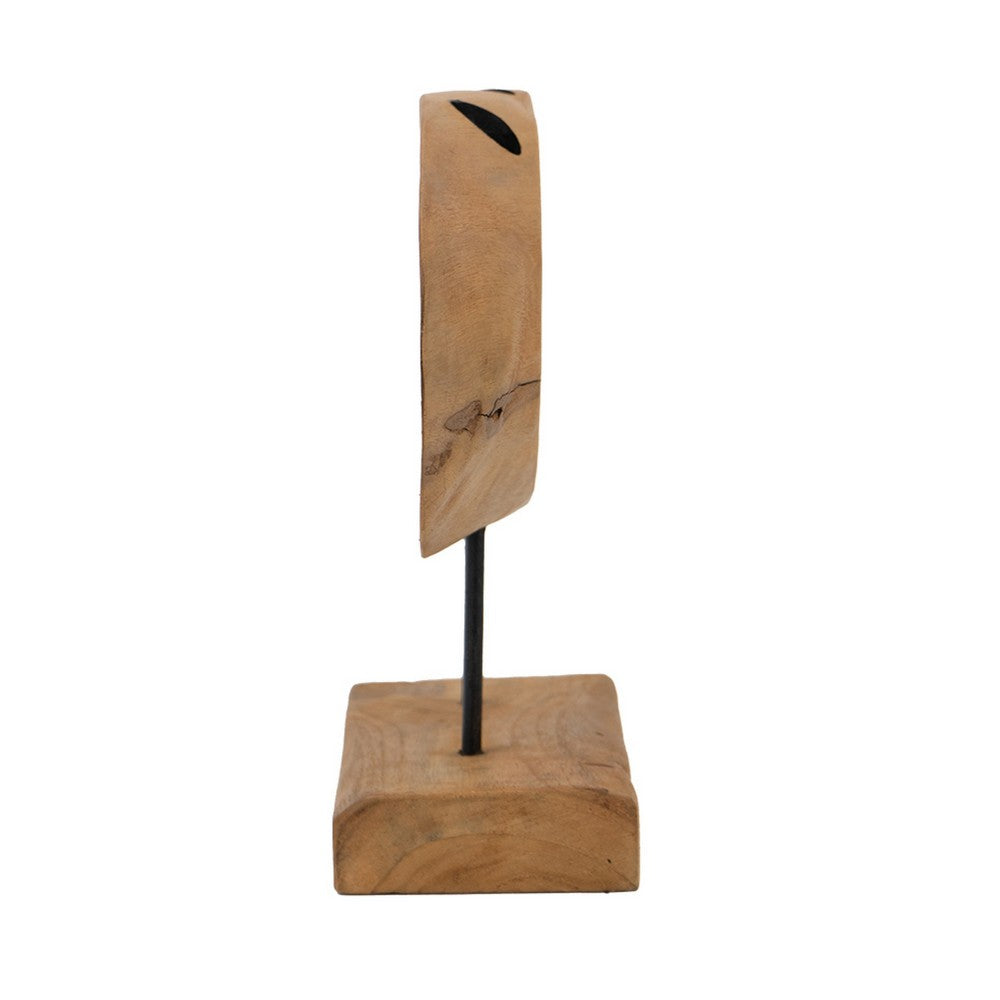 Upin Abstract Oval Sculpture on Base | Brown Wood Black Metal | 16"