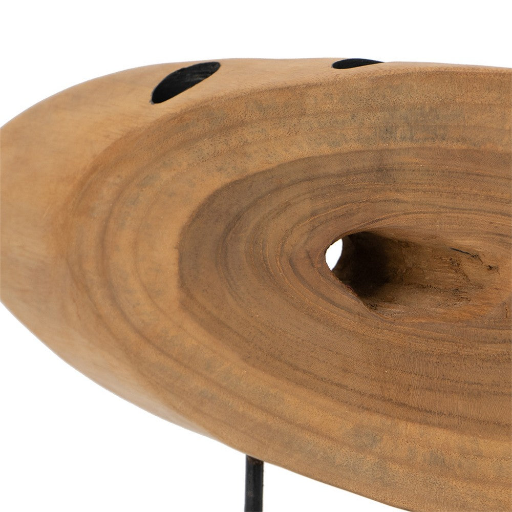 Upin Abstract Oval Sculpture on Base | Brown Wood Black Metal | 16"