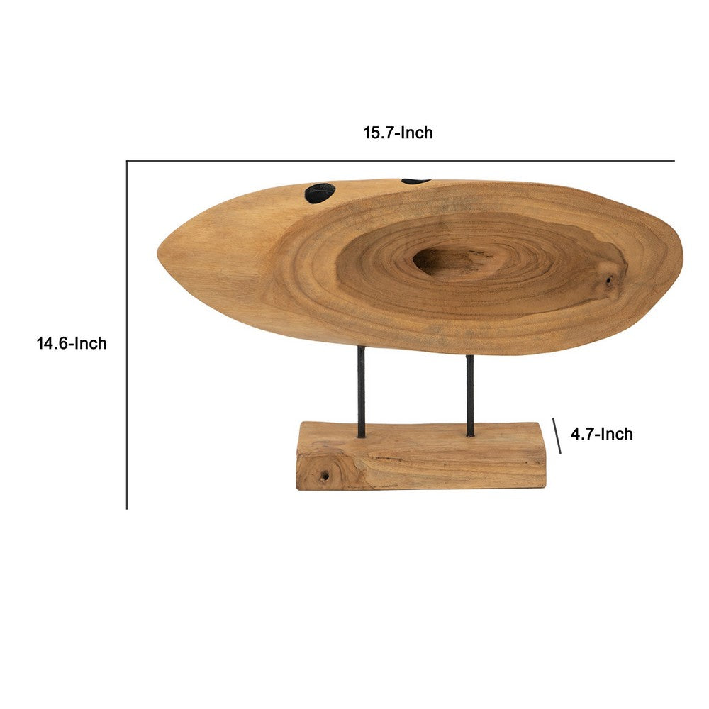 Upin Abstract Oval Sculpture on Base | Brown Wood Black Metal | 16"